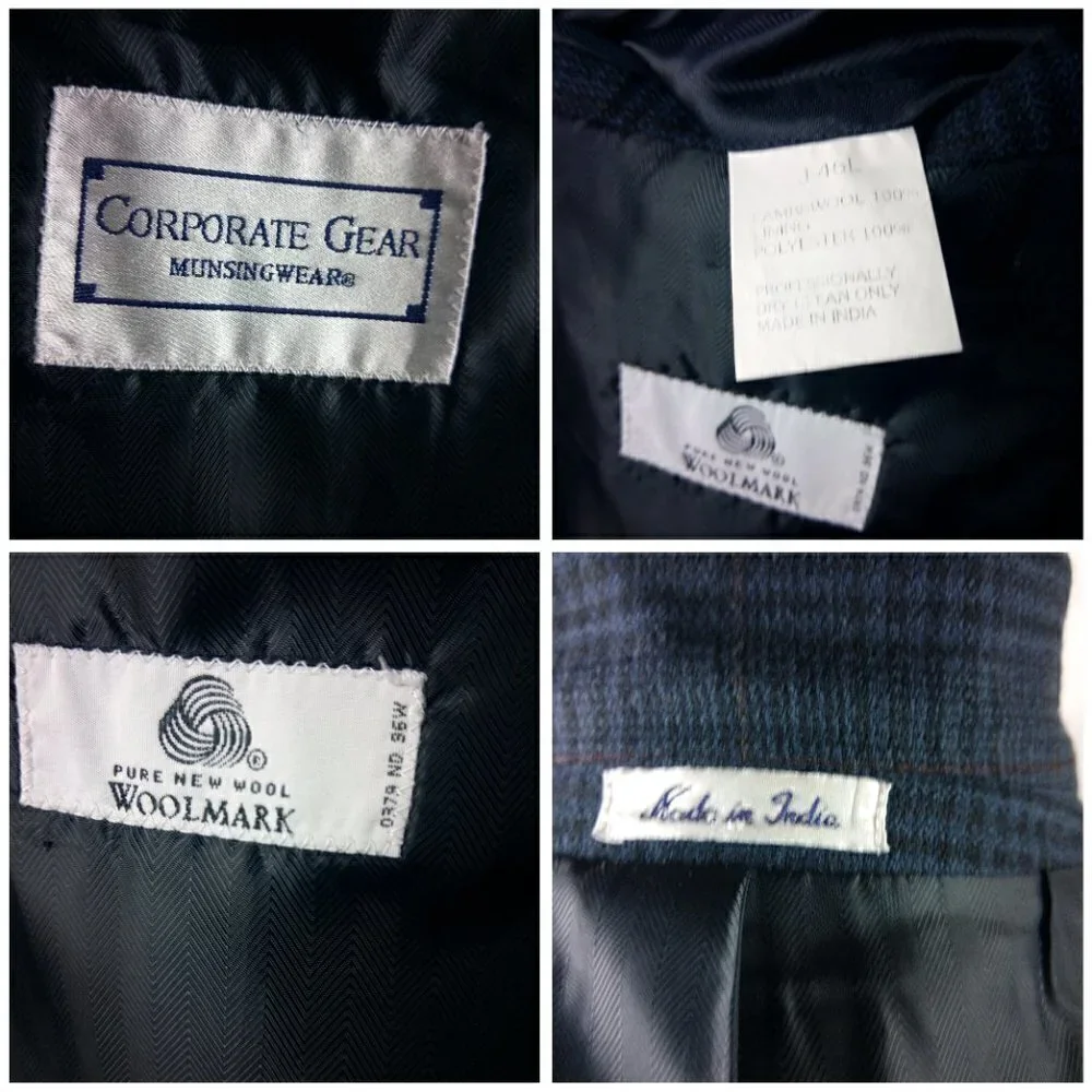 Corporate Gear Munsing Wear 46L Lambswool 3 Button Blue Plaid Suit Blazer Jacket